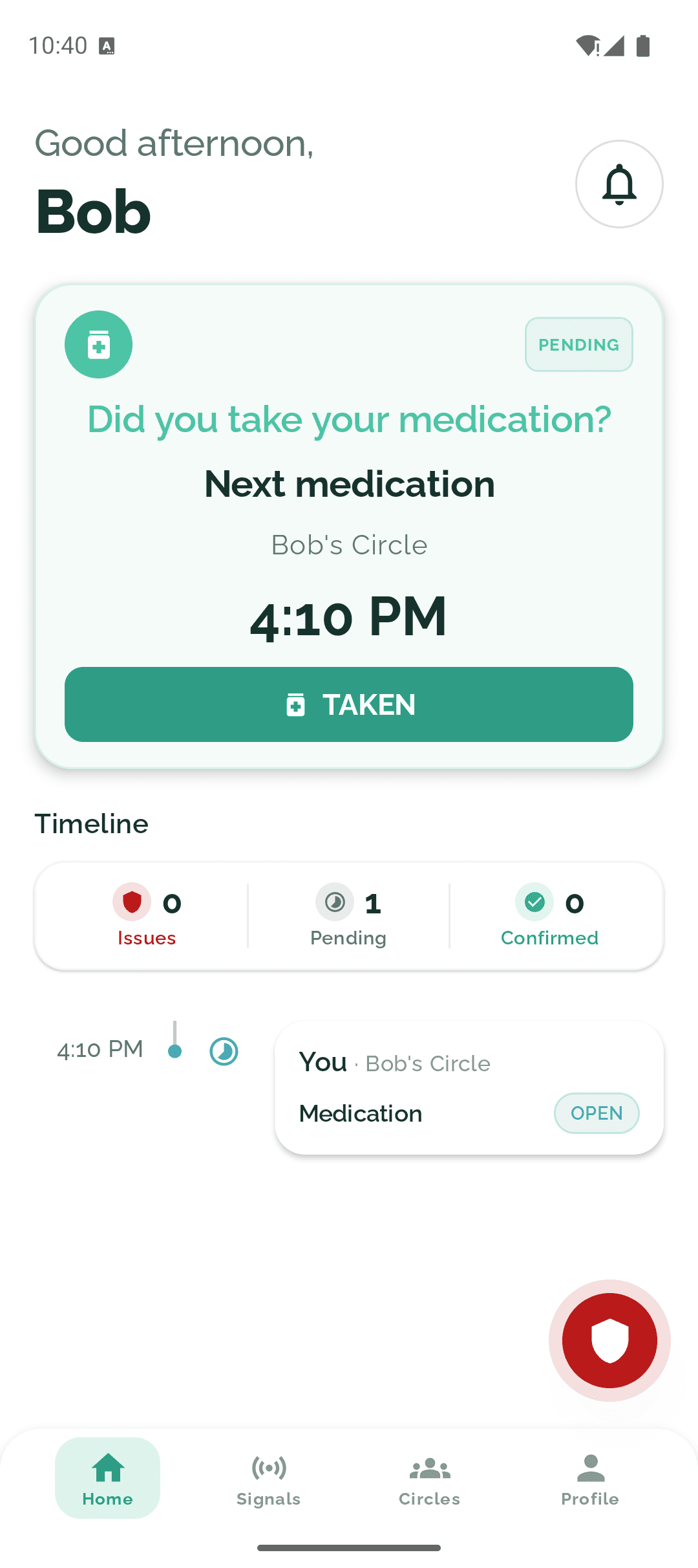 SafeTrace Care showing an upcoming medication check-in