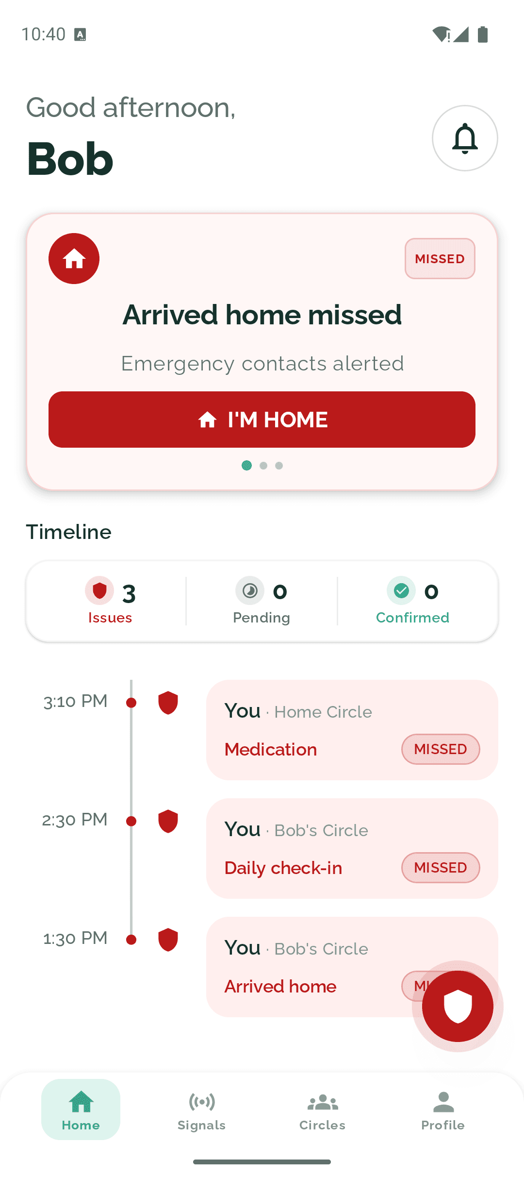 SafeTrace Care Missed alert