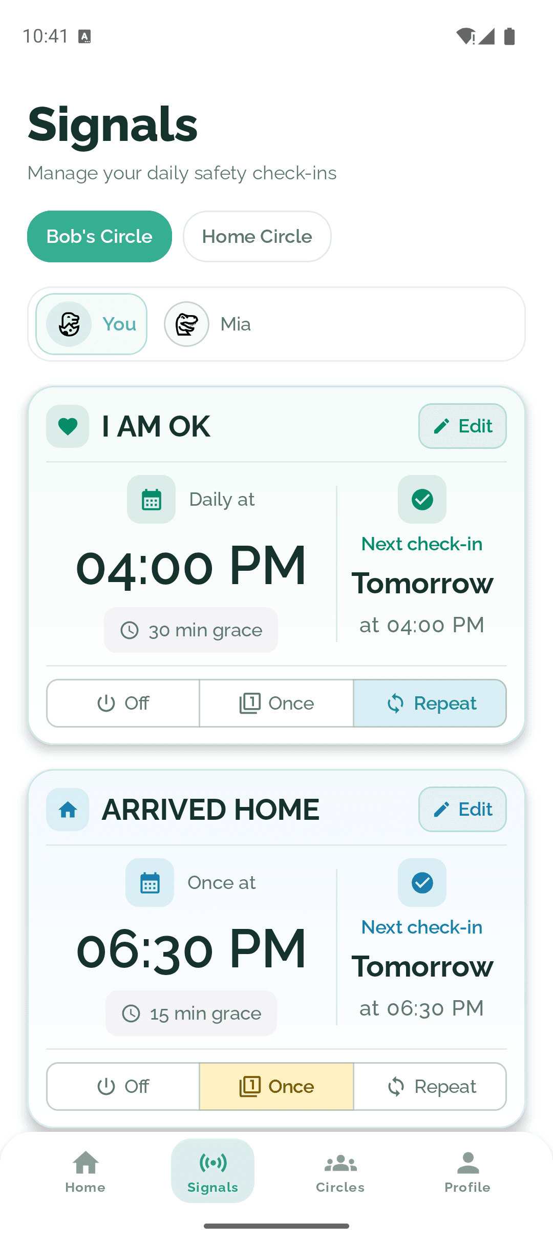 Signal schedules in SafeTrace Care