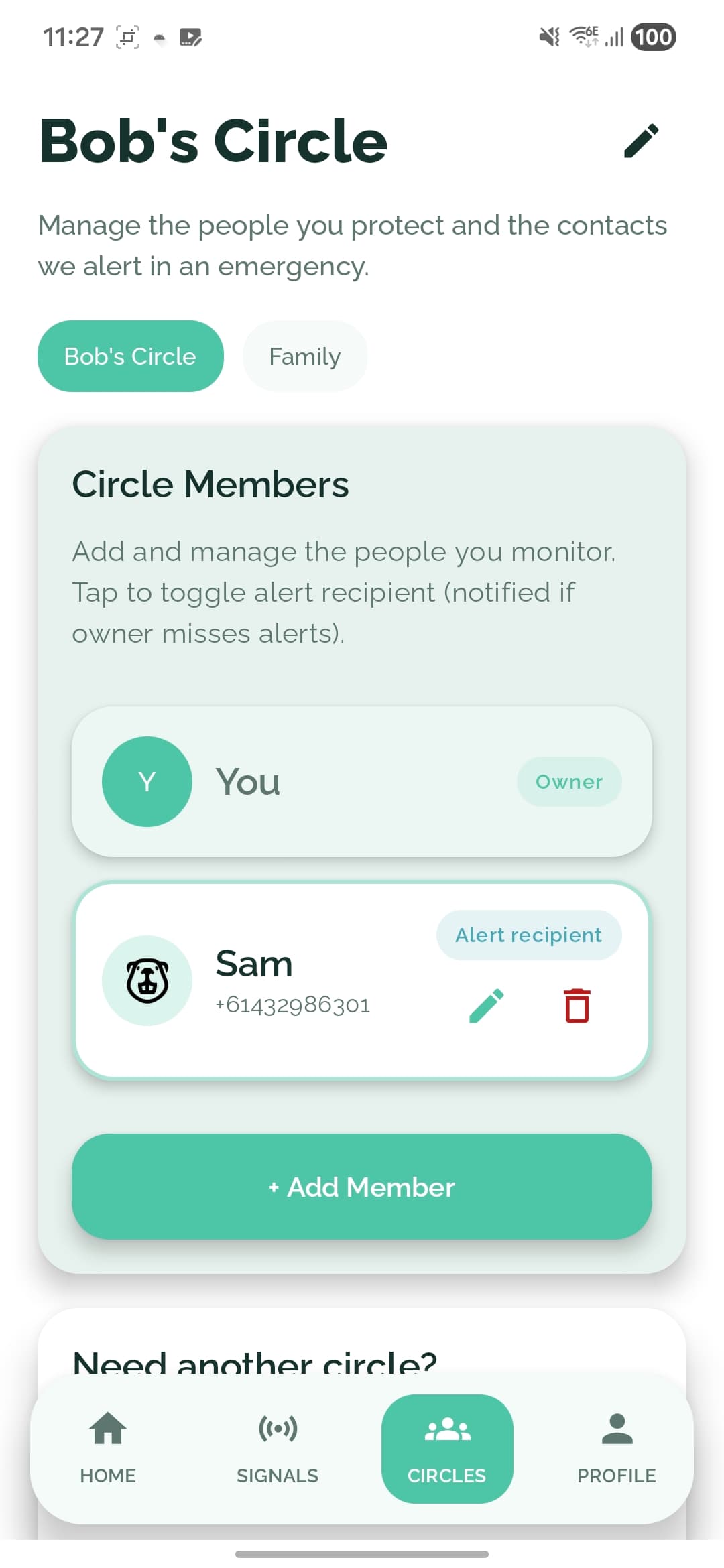 SafeTrace circle management screen